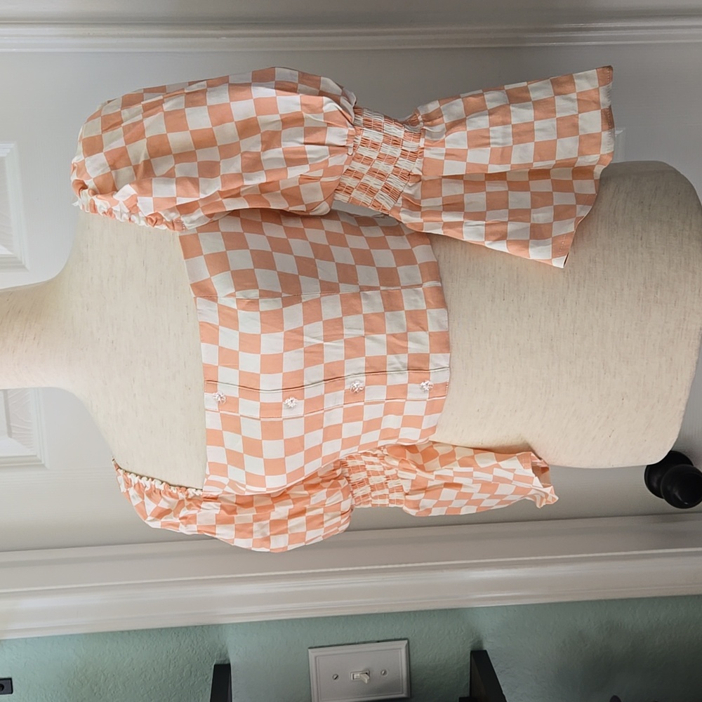 Wayf Checkered Women's Top In Peach & White Checkboard, NWOT - Picture 2 of 12